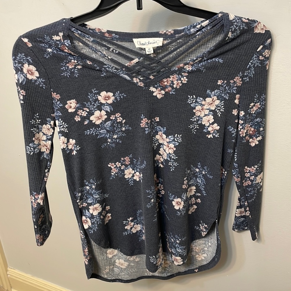 Floral Long Sleeve Shirt with a Criss-Cross Neckline